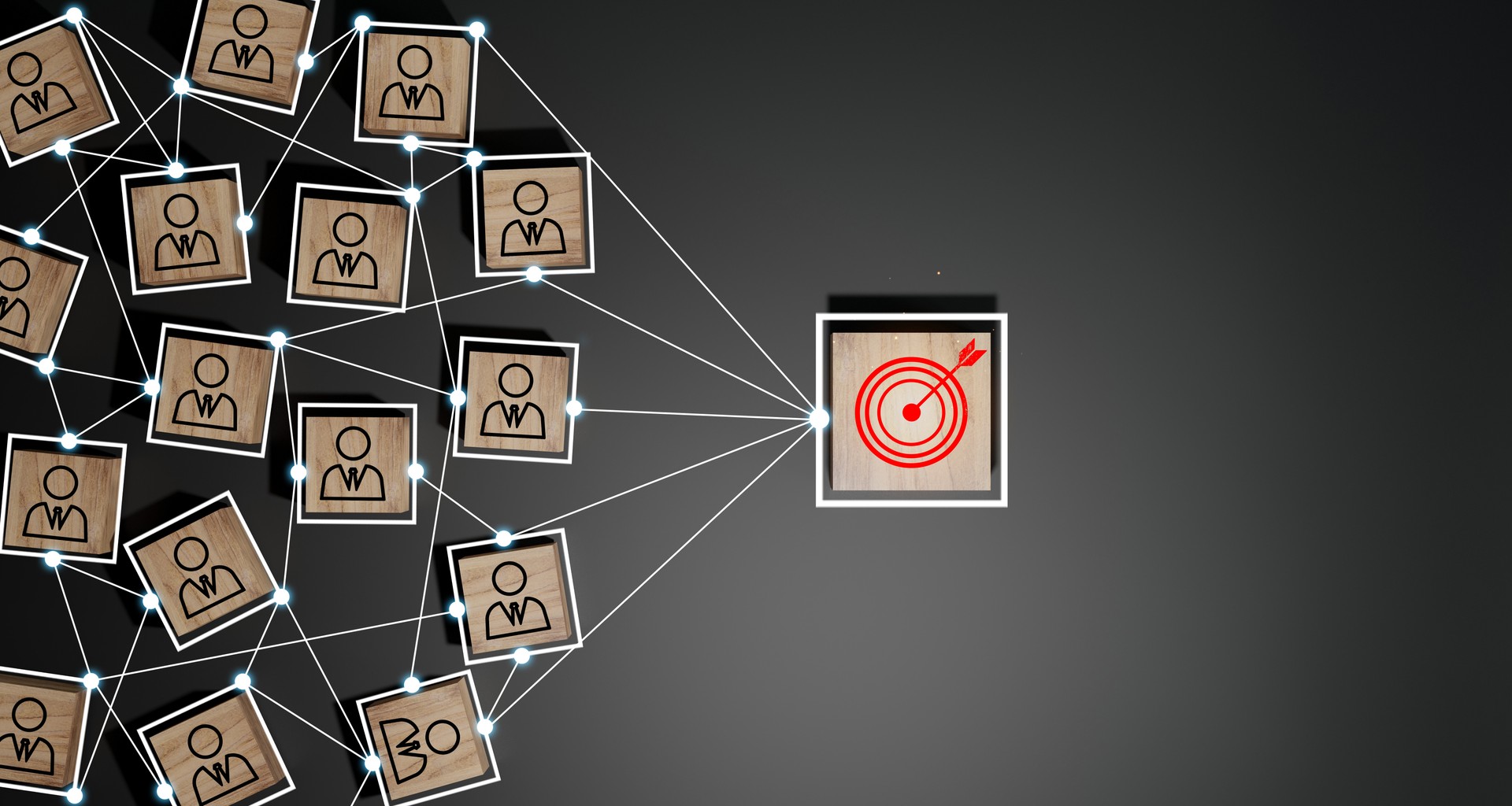 Wooden cube block print screen person icon which link connection network for organisation structure social network and teamwork concept.